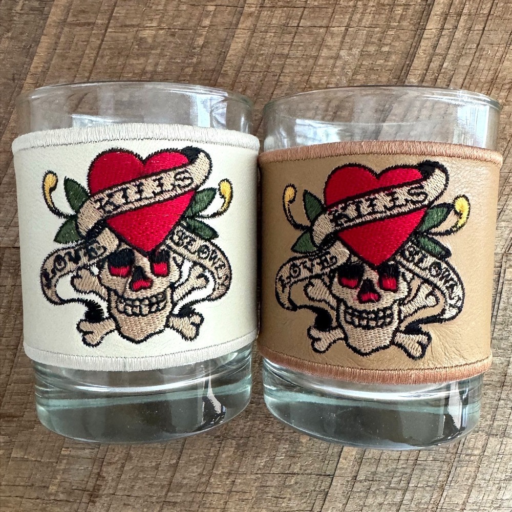 Vintage Ed Hardy Love Kills Slowly Leather Wrapped Rocks Glasses Y2K Barware